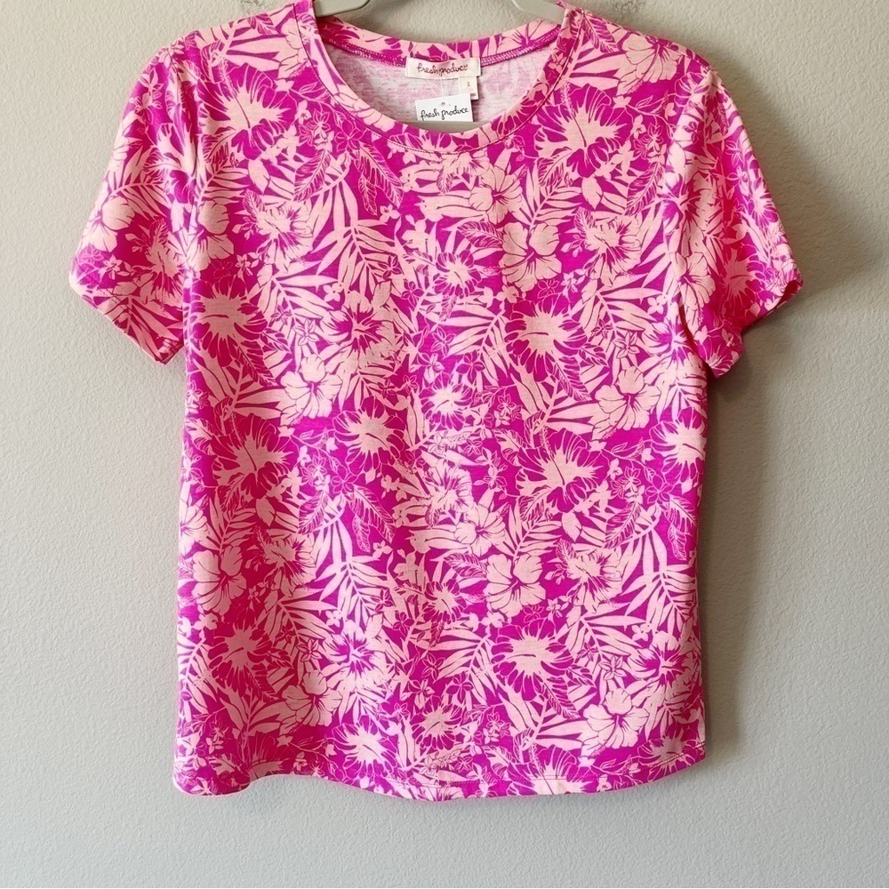 Fresh Produce NWT Neon Floral Scoop Neck Tee Shirt Flamingo Pink Size Small